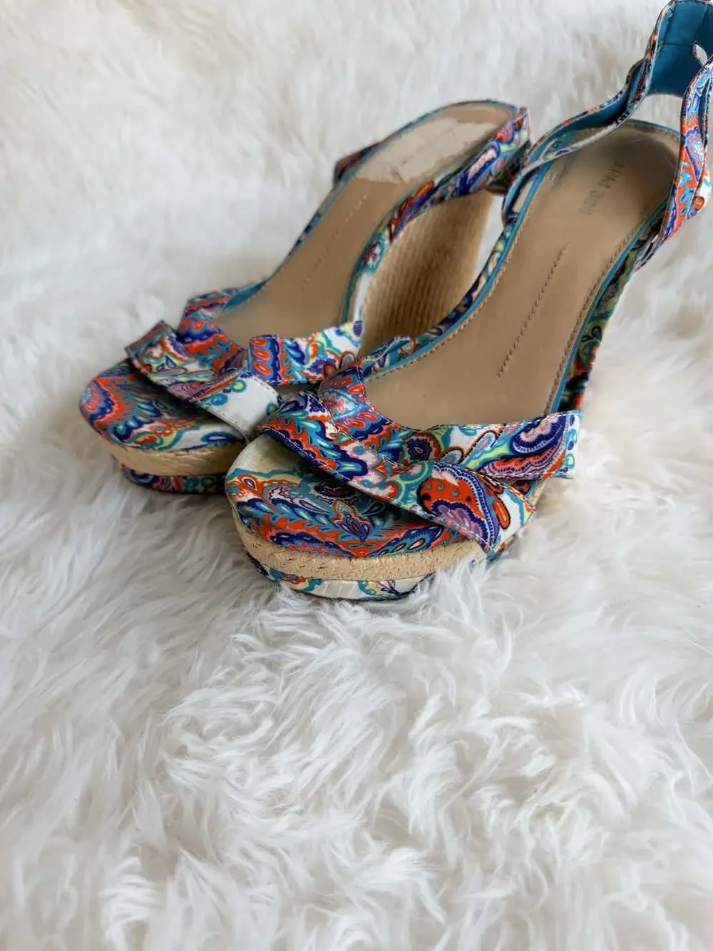 Gianni Bini Blue Multi-Colored Paisley Print Ankle Strap Wedge Sandals